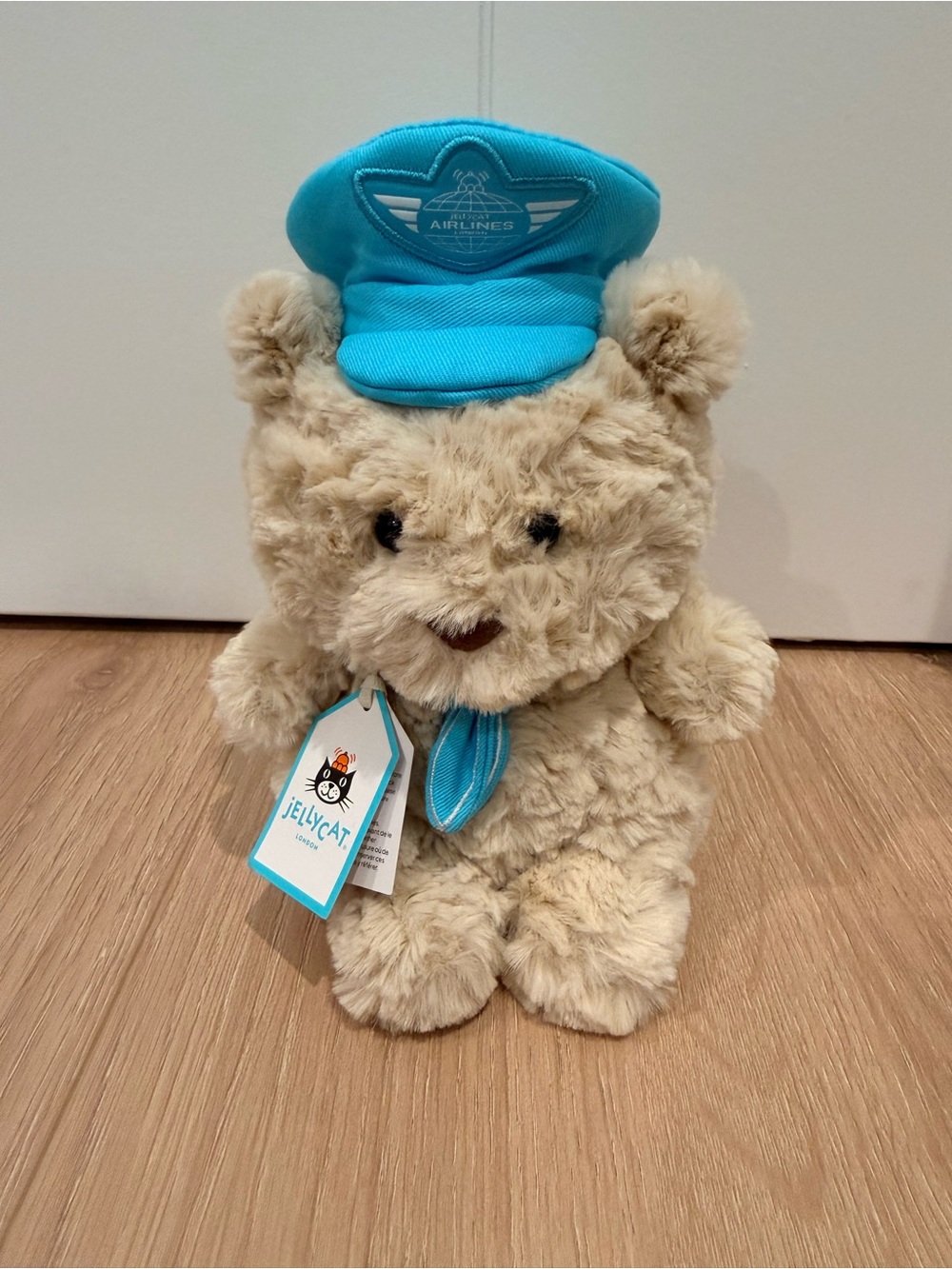 Jellycat Cream Bear with Blue Pilot Hat and Scarf & exclusive stickers